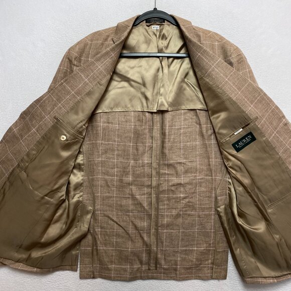 Lauren Ralph Lauren Linen Blazer Mens 44R Tan Purple Plaid Sport Coat Jacket - Picture 7 of 13